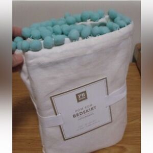 Pottery Barn Teen Cream Bedskirt with Aqua Pom Trim